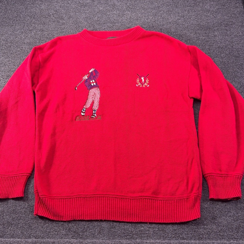 Vintage Sutter & Grant Mens Golf Sweater Red Cotton Knit Embroidered USA Medium